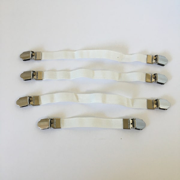 Set of 4 White Elastic Ironing Board Clips, Keeps cover in place, Sewing Room Tool, Silver suspender clips