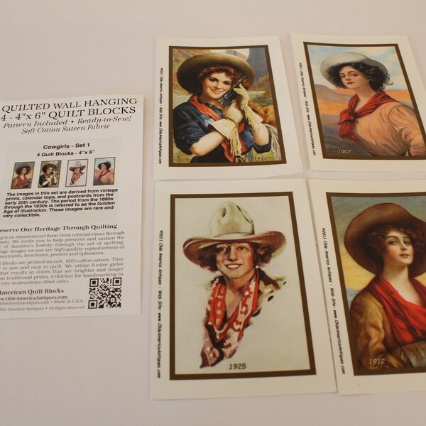 Lot of 4 Vintage Western Themed 4" x 6" Cowgirl Blocks, American Quilt Blocks / Olde America Antiques Western Cowgirl image quilt blocks