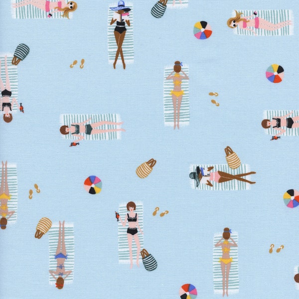 Cotton and Steel Rayon Fabric, Rifle paper co. fabric, Amalfi - Sun Girls - Coral Rayon Lawn Fabric, Rayon Fabric, printed bathing beauties