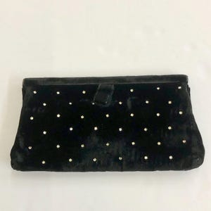 Vintage 1950s Black Velvet Clutch Purse with Clear Rhinestones, Hard Hinge Frame, Gold Satin LIning by Bobbie Jerome, 10&quot; x 4.5&quot;