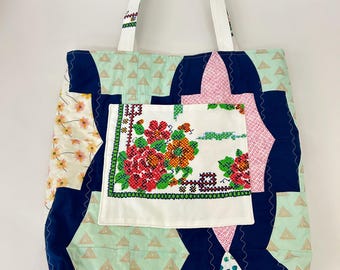 Handmade Pieced & Quilted Scrap Sewing OOAK Shopper Tote Bag,  31" x 15" x 3.5"