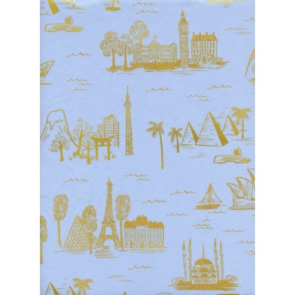 Rifle paper co. fabric, Les Fleurs City Toile Pale Blue Lawn, Cotton and Steel fabric, Rifle paper company metallic Fabric, Blue City Toile