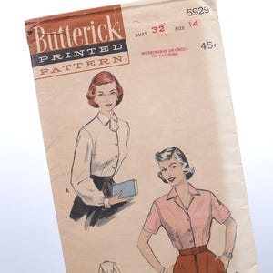 Butterick 5929 50&#39;s Blouse pattern, 1950s vintage blouse pattern, vintage butterick 5929, blouse with short or long sleeves, notched collar