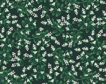 Rifle paper co. Holiday Classics Mistletoe Evergreen, Mistletoe print fabric, Green and black print floral, Cotton and Steel bty Fabric