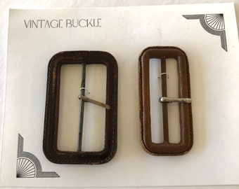 Vintage Leather Covered Belt Buckles, Metal Bar, Two Pairs