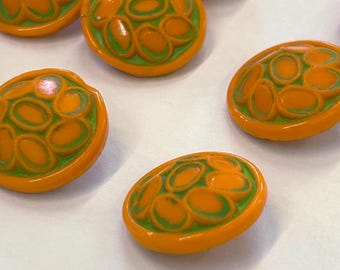 Antique Orange & Green Glass Sewing Buttons, Victorian Era, Set of 17