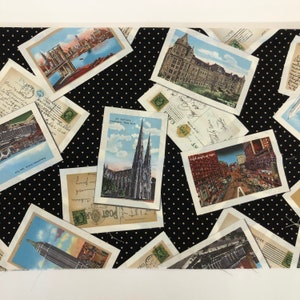 Scampolo di tessuto con stampa a pois New York Postcards, tessuto per trapuntatura NYC Landmarks, pannello di tessuto per trapuntatura 1,5yd x 44"