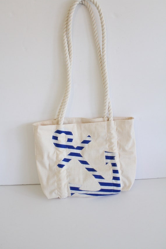 OOAK Blue & Natural Nautical tote bag, Natural White Tote bag, Nautical Tote bag with rope straps, Nautical Anchor Tote Bag, striped anchor