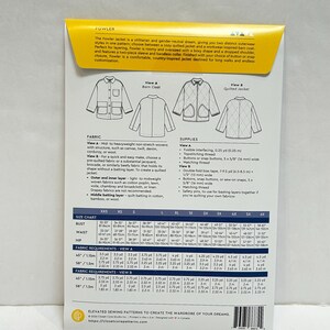 May include: A sewing pattern for the Fowler Jacket, a utilitarian and gender-neutral outerwear design. Includes diagrams for a barn coat and a quilted jacket, with fabric and supply requirements, and a size chart.