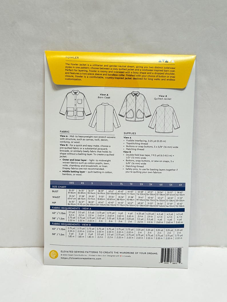 May include: A sewing pattern for the Fowler Jacket, a utilitarian and gender-neutral outerwear design. Includes diagrams for a barn coat and a quilted jacket, with fabric and supply requirements, and a size chart.