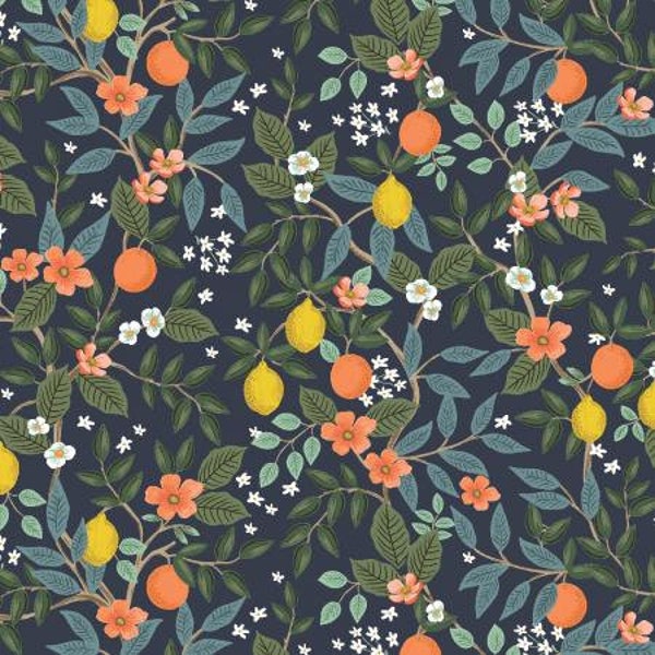 Rifle paper co. Bramble Citrus Grove Navy Fabric quilting cotton, Bramble Lemon print fabric, Rifle Paper Co. fabric, 3/4 yard remnant