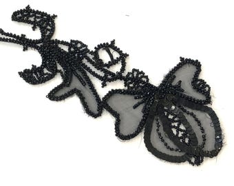 Antique Victorian Art Deco Black Beaded  Trim on Organza applique, Jet Beaded applique, Floral Beaded bead and sequin applique, 7 1/2"