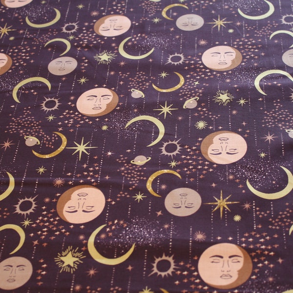 Moon Magic, Tails from Under the Moon Brown Celestial Print, Cotton Fabric, Cotton and Steel, last 3/4 remnant