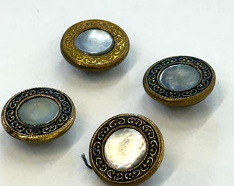 Vintage lot of 4 Metal Shank buttons with inlaid mother of pearl centers, 3/4" diameter