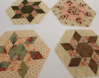 Lot of 14 Hexagon shaped Quilt Blocks, unfinished quilting project, unfinished Hexagon quilting project, unfinished hexi themed quilt