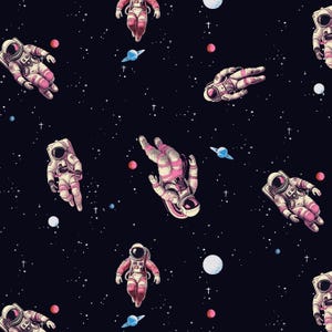 May include: Seamless pattern featuring astronauts in pink and white space suits floating in a starry black cosmos. Planets and small blue rings are scattered throughout the design. The astronauts are in various poses.