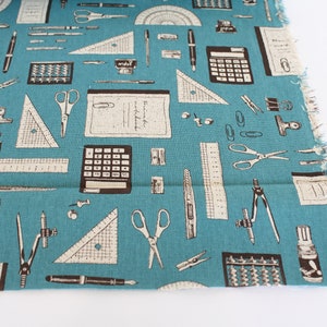 Drafting Tools Print on Teal Cotton Linen Blend Fabric, Drafting tools Print fabric, Cotton Linen Blend fabric bty, 44&quot; wide cotton linen