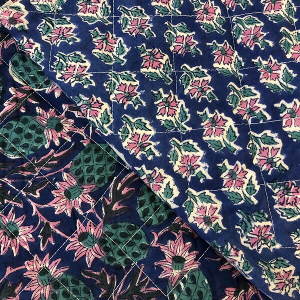 1 yard REMNANT Quilted Floral Block Print fabric, Two Prints, Blue, Green Blue, Pink Indian Block Print, Made in India Cotton , Block Print