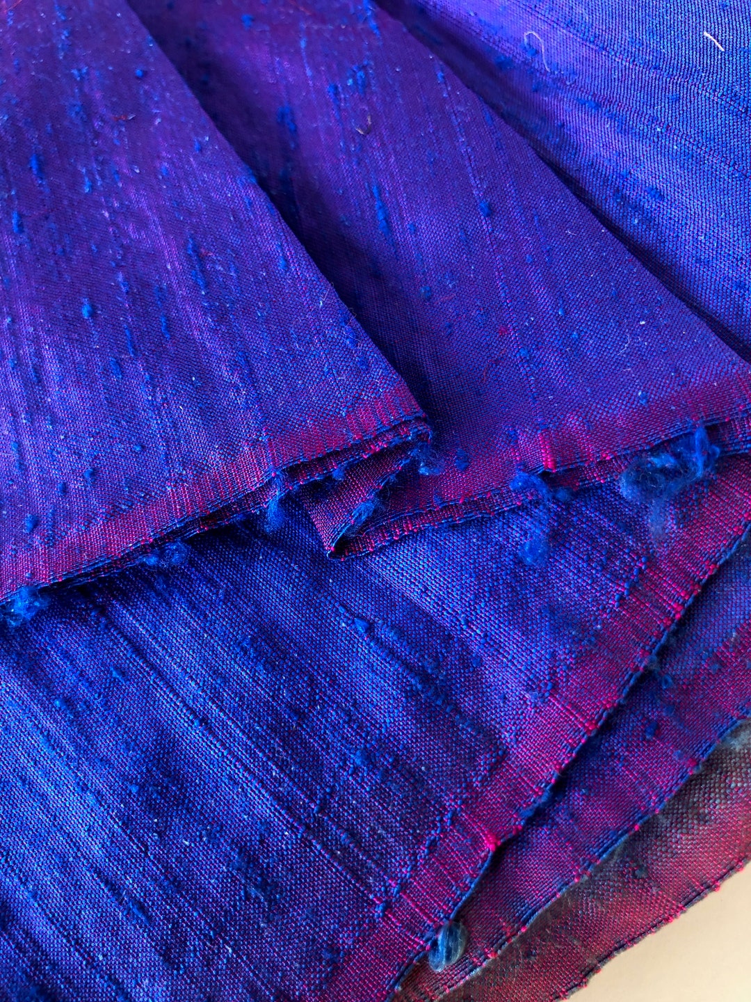 Deep Purple Dupioni Silk Remnant Sewing Fabric, Blue Red Cross Dye