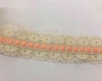 Vintage Off White and Peach Cotton Cluny Crochet style lace with ribbon trim, 1 1/2" wide  x 2 yards 31"