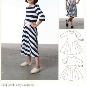 May include: A sewing pattern for a striped dress called the Taylor Regatta Dress. The pattern is for girls sizes 5/6, 7/8, 9/10, 11/12, and 13/14. The pattern includes measurements for height, chest, waist, and hip.