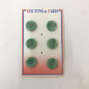 6 NOS Vintage 50s-60s Buttons on "Boutons de Paris" Original Card, Jade green buttons with marbled look 7/8"