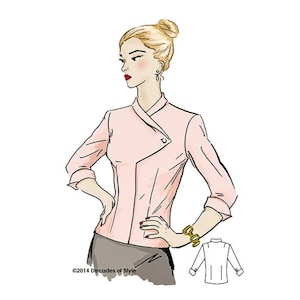 May include: Illustration of a light pink blouse with a unique asymmetrical design. The blouse features a wrap-style front with a single button closure and three-quarter sleeves. The image includes a smaller diagram of the back of the blouse. The text "©2014 Decades of Style" is visible.