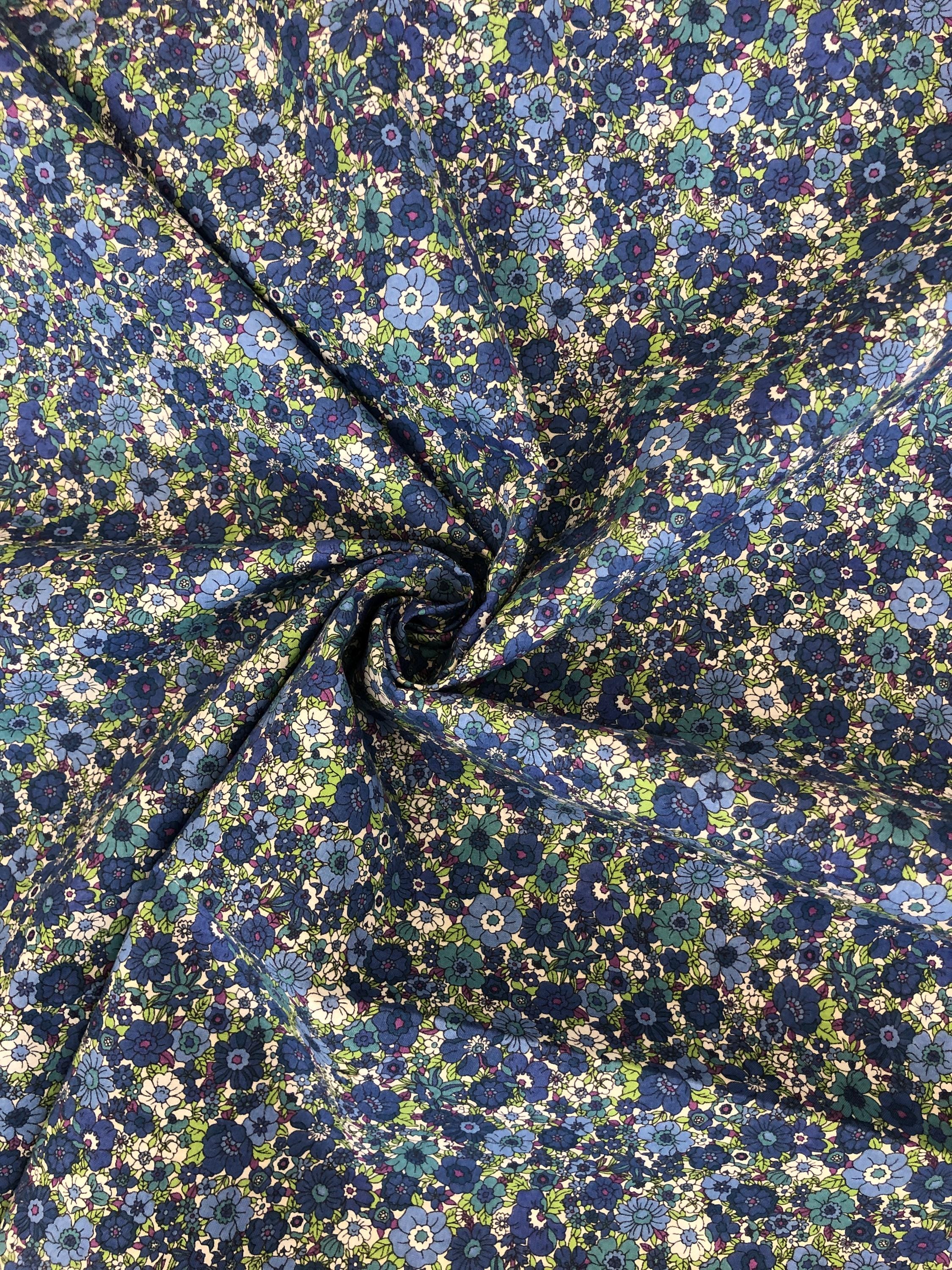 Kokka Retro Floral Fabric, Blue Flower Cotton Lawn, 44