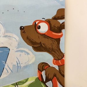 Dog Flying Airplane Print Fabric Remnant, Bordered Cartoon Scene Quilting fabric, Dog Bees Airplane Quilting Fabric 3 Panels 36" x 44"