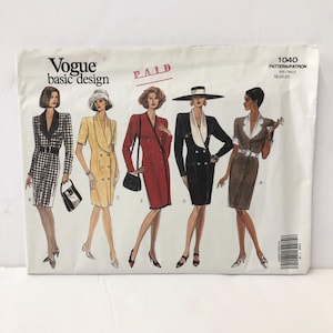 Vogue 1040 Button up dress w collar variations, Basic Design, Easy Sewing Uncut Vintage 90s Sewing Pattern, size 18-22, Bust 40-44