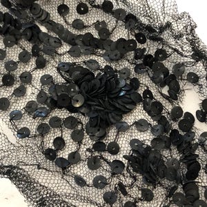May include: Close-up of black lace fabric with circular sequins. The lace has a delicate net pattern, and the sequins are clustered in floral-like designs. The fabric is likely used for embellishments or apparel.