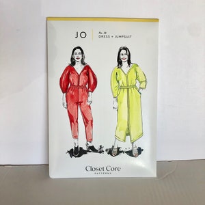 May include: A sewing pattern titled "JO No. 36 DRESS + JUMPSUIT" by Closet Core Patterns. The cover features illustrations of a red jumpsuit and a lime green dress. The pattern is on a white background.