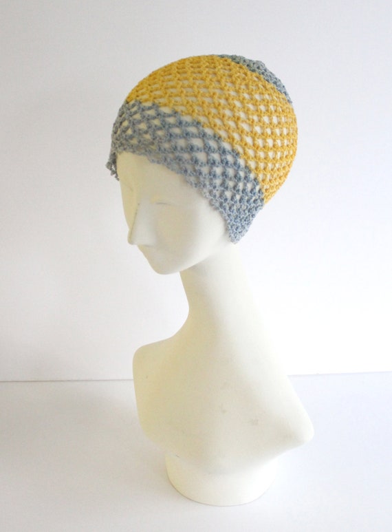 Vintage Blue and Yellow Crochet Cap, Crochet cap, 