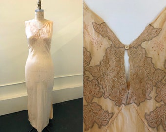 1930s Vintage Peach Pink Bias Cut Cold Rayon Long Nightgown Slip with lace, embroidery and a keyhole button front, size M, 36" bust