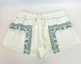 Drawstring Shorts from Vtg White Linen Tablecloth Green Cross Stitch, 32" waist, MED