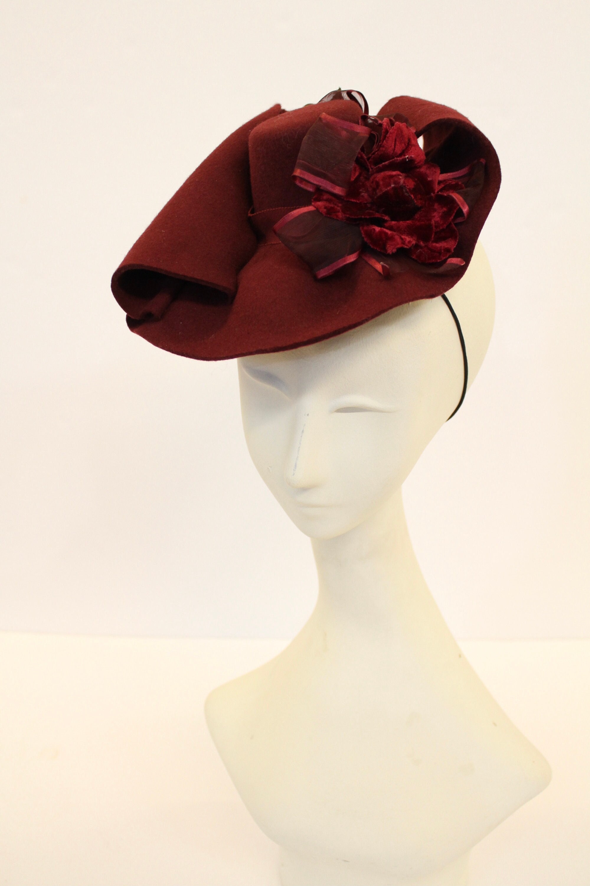 OOAK Hand Made Vintage Style Burgundy Wool Fascinator Tilt 