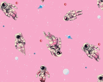 Bubble Gum Pink Space Fabric - Astronauts, Planets, 100% Cotton, 44" BTY