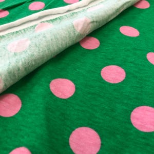 Pink Dots on Green Printed Jersey Fabric, Pink Polka Dot Knit Fabric, Pink & Green Print Jersey, BTY 45&quot;