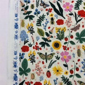 Cream Metallic Fabric by Cotton + Steele, Rifle Paper Co Curio collection, apparel sewing fabric, 45&quot; wide, Floral and Bug Print