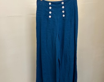 Handmade Marine Blue Linen Wide Leg Sailor Pants, High Waist, Size 10
