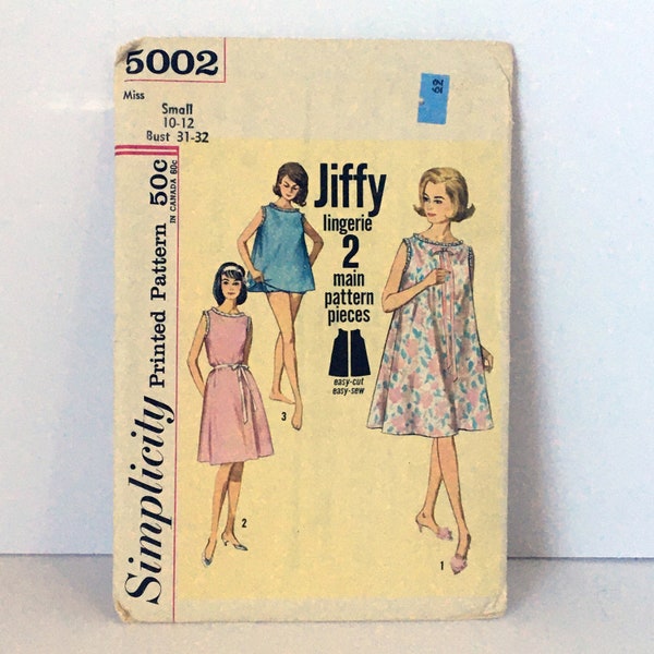 Vintage 1960's Simplicity 5002, Misses Jiffy Shift-Nightgown, Top and panties, Easy Sew Vintage Pattern, Sz Small 10-12, Bust 31"-32"