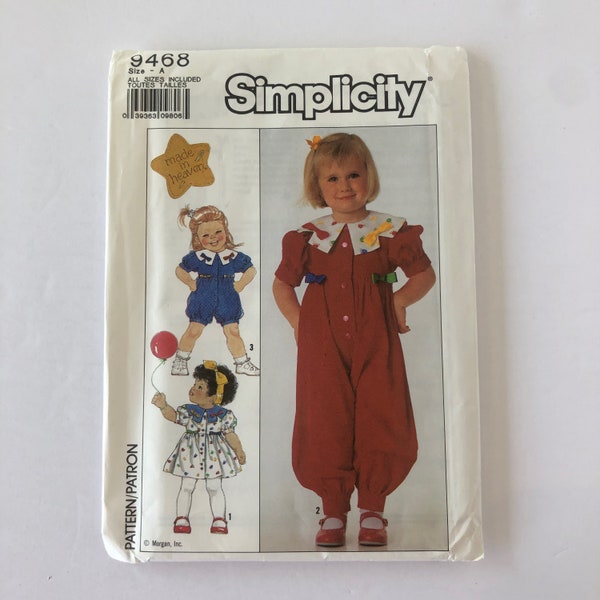 Toddler Dress and Romper Pattern, Simplicity 9468, Baby playsuit sewing pattern, Vintage 80s Baby, vintage children pattern, Made in Heaven