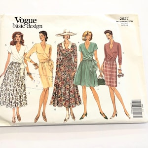 May include: Vogue Basic Design sewing pattern number 2927 for sizes 8-10-12. The pattern shows five different wrap dresses with various floral and plaid prints.