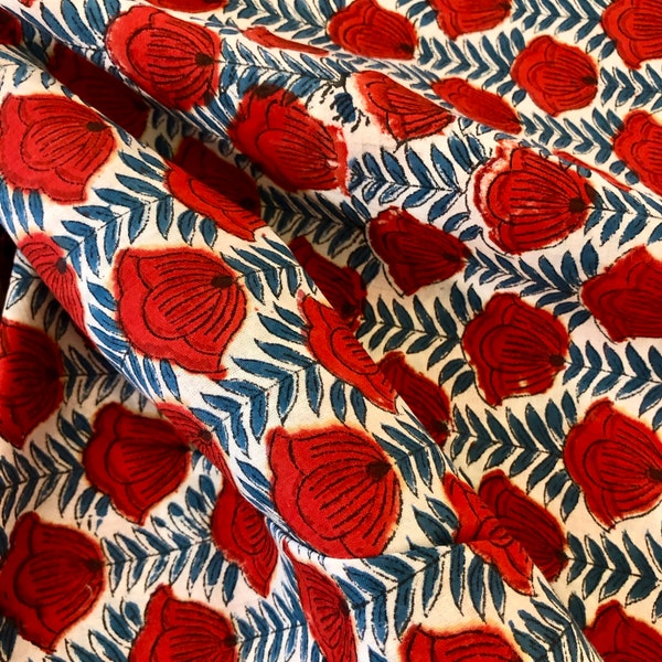 Floral Block Print fabric, Red Teal White Indian Block Print, Made in India Cotton block print fabric, Block Print, BTY Fabric