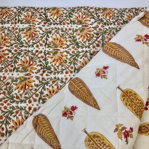 Indian Floral Block Print, 2 sided Quilted Cotton Fabric, Yellow White, BTY