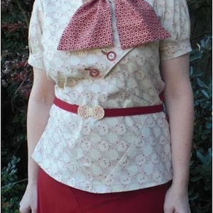 OOAK handmade 1930’s style Beige and Red Cotton Blouse with belt, Medium Large size