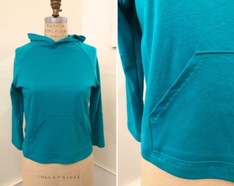OOAK Pullover Hoodie in Peacock Knit with long sleeves and kangaroo pocket, Small size unisex adult, 36" chest