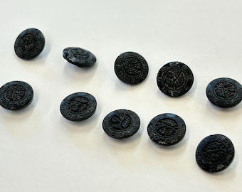 Antique Black Glass Embossed Sewing Buttons, Victorian Era (1/2" Diameter)
