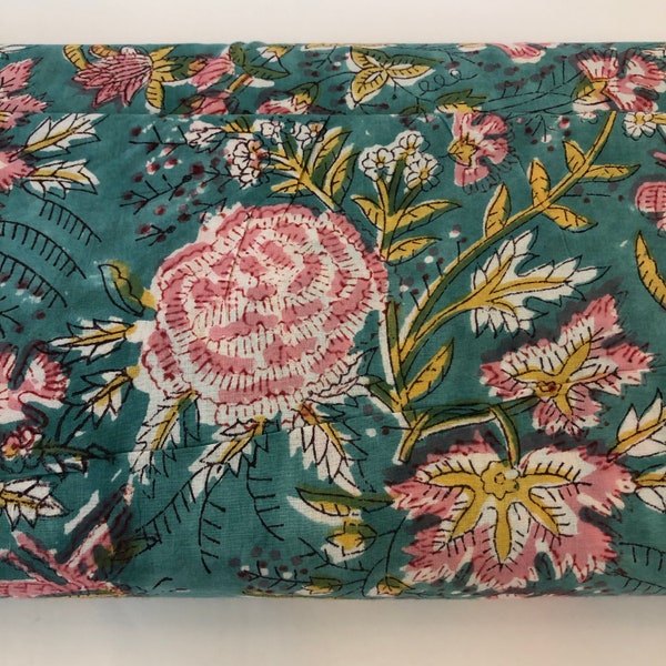 Pink Yellow Floral on Teal fabric, Indian Block Print, Made in India Cotton block print fabric, Flowers and Leaves Block Print, BTY Fabric