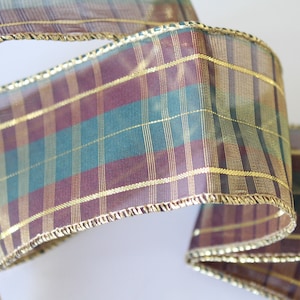 1 yard of Plaid Holiday Sheer Ribbon with Red Green Gold Metallic threads, Wired millinery ribbon, 2.5&quot;